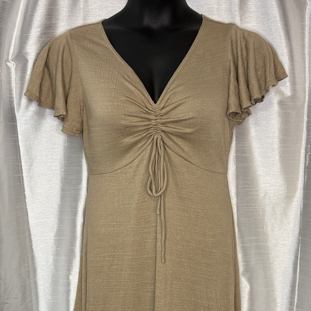 Max Studio Midi Dress Womens L Flutter Short Sleeve Cinched Gauze Texture V Neck